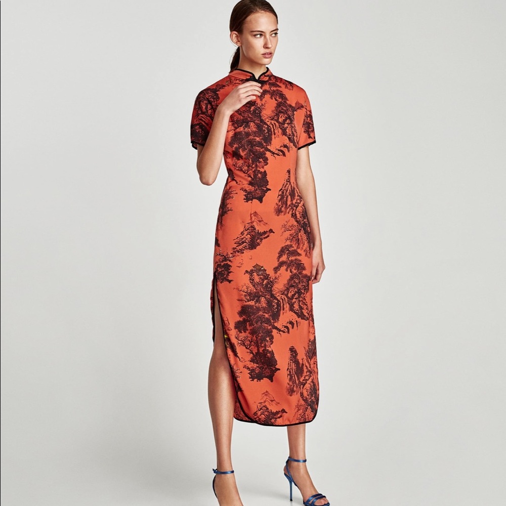 Zara Burnt Orange and Black Printed Midi Dress - Picture 4 of 8